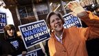 Massachusetts Democratic Senator-elect Elizabeth Warren waves to supporters before voting (6 Nov)