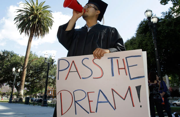 Ruben Bernal, who recently graduated from San Jose State University, rallies for the Dream Act in downtown San Jose.