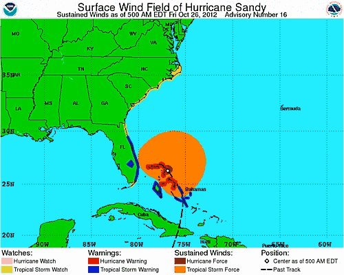Photo: Here's an important reason why we shouldn't just focus on exactly *where* Sandy's eye will make landfall. The field of winds that are tropical storm force (between 40-75 mph) extend 275 miles away from the center.