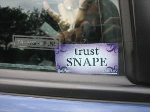 a picture in a window that says "trust Snape"