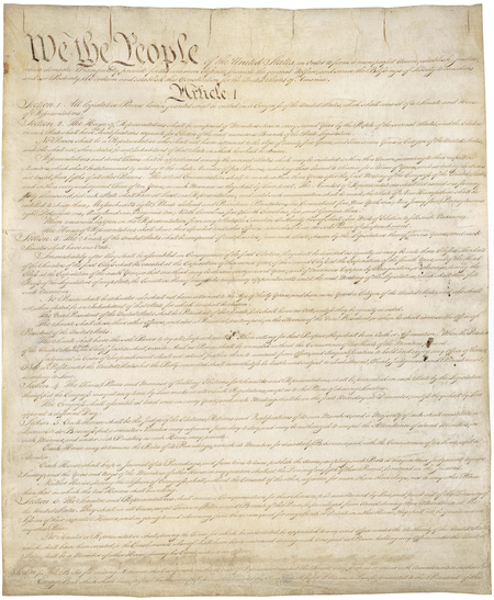 We the People
of the United States, in Order to form a more perfect Union, establish Justice, insure domestic Tranquility, provide for the common defence, promote the general Welfare, and secure the Blessings of Liberty to ourselves and our Posterity, do ordain and establish this Constitution for the United States of America.

Article. I.
Section. 1.
All legislative Powers herein granted shall be vested in a Congress of the United States, which shall consist of a Senate and House of Representatives.
Section. 2.
The House of Representatives shall be composed of Members chosen every second Year by the People of the several States, and the Electors in each State shall have the Qualifications requisite for Electors of the most numerous Branch of the State Legislature.
No Person shall be a Representative who shall not have attained to the Age of twenty five Years, and been seven Years a Citizen of the United States, and who shall not, when elected, be an Inhabitant of that State in which he shall be chosen.
Representatives and direct Taxes shall be apportioned among the several States which may be included within this Union, according to their respective Numbers, which shall be determined by adding to the whole Number of free Persons, including those bound to Service for a Term of Years, and excluding Indians not taxed, three fifths of all other Persons. The actual Enumeration shall be made within three Years after the first Meeting of the Congress of the United States, and within every subsequent Term of ten Years, in such Manner as they shall by Law direct. The Number of Representatives shall not exceed one for every thirty Thousand, but each State shall have at Least one Representative; and until such enumeration shall be made, the State of New Hampshire shall be entitled to chuse three, Massachusetts eight, Rhode-Island and Providence Plantations one, Connecticut five, New-York six, New Jersey four, Pennsylvania eight, Delaware one, Maryland six, Virginia ten, North Carolina five, South Carolina five, and Georgia three.
When vacancies happen in the Representation from any State, the Executive Authority thereof shall issue Writs of Election to fill such Vacancies.
The House of Representatives shall chuse their Speaker and other Officers; and shall have the sole Power of Impeachment.
Section. 3.
The Senate of the United States shall be composed of two Senators from each State, chosen by the Legislature thereof for six Years; and each Senator shall have one Vote.
Immediately after they shall be assembled in Consequence of the first Election, they shall be divided as equally as may be into three Classes. The Seats of the Senators of the first Class shall be vacated at the Expiration of the second Year, of the second Class at the Expiration of the fourth Year, and of the third Class at the Expiration of the sixth Year, so that one third may be chosen every second Year; and if Vacancies happen by Resignation, or otherwise, during the Recess of the Legislature of any State, the Executive thereof may make temporary Appointments until the next Meeting of the Legislature, which shall then fill such Vacancies.
No Person shall be a Senator who shall not have attained to the Age of thirty Years, and been nine Years a Citizen of the United States, and who shall not, when elected, be an Inhabitant of that State for which he shall be chosen.
The Vice President of the United States shall be President of the Senate, but shall have no Vote, unless they be equally divided.
The Senate shall chuse their other Officers, and also a President pro tempore, in the Absence of the Vice President, or when he shall exercise the Office of President of the United States.
The Senate shall have the sole Power to try all Impeachments. When sitting for that Purpose, they shall be on Oath or Affirmation. When the President of the United States is tried, the Chief Justice shall preside: And no Person shall be convicted without the Concurrence of two thirds of the Members present.
Judgment in Cases of Impeachment shall not extend further than to removal from Office, and disqualification to hold and enjoy any Office of honor, Trust or Profit under the United States: but the Party convicted shall nevertheless be liable and subject to Indictment, Trial, Judgment and Punishment, according to Law.
Section. 4.
The Times, Places and Manner of holding Elections for Senators and Representatives, shall be prescribed in each State by the Legislature thereof; but the Congress may at any time by Law make or alter such Regulations, except as to the Places of chusing Senators.
The Congress shall assemble at least once in every Year, and such Meeting shall be on the first Monday in December, unless they shall by Law appoint a different Day.
Section. 5.
Each House shall be the Judge of the Elections, Returns and Qualifications of its own Members, and a Majority of each shall constitute a Quorum to do Business; but a smaller Number may adjourn from day to day, and may be authorized to compel the Attendance of absent Members, in such Manner, and under such Penalties as each House may provide.
Each House may determine the Rules of its Proceedings, punish its Members for disorderly Behaviour, and, with the Concurrence of two thirds, expel a Member.
Each House shall keep a Journal of its Proceedings, and from time to time publish the same, excepting such Parts as may in their Judgment require Secrecy; and the Yeas and Nays of the Members of either House on any question shall, at the Desire of one fifth of those Present, be entered on the Journal.
Neither House, during the Session of Congress, shall, without the Consent of the other, adjourn for more than three days, nor to any other Place than that in which the two Houses shall be sitting.
Section. 6.
The Senators and Representatives shall receive a Compensation for their Services, to be ascertained by Law, and paid out of the Treasury of the United States. They shall in all Cases, except Treason, Felony and Breach of the Peace, be privileged from Arrest during their Attendance at the Session of their respective Houses, and in going to and returning from the same; and for any Speech or Debate in either House, they shall not be questioned in any other Place.
No Senator or Representative shall, during the Time for which he was elected, be appointed to any civil Office under the Authority of the United States, which shall have been created, or the Emoluments whereof shall have been encreased during such time; and no Person holding any Office under the United States, shall be a Member of either House during his Continuance in Office.
Section. 7.
All Bills for raising Revenue shall originate in the House of Representatives; but the Senate may propose or concur with Amendments as on other Bills.
Every Bill which shall have passed the House of Representatives and the Senate, shall, before it become a Law, be presented to the President of the United States: If he approve he shall sign it, but if not he shall return it, with his Objections to that House in which it shall have originated, who shall enter the Objections at large on their Journal, and proceed to reconsider it. If after such Reconsideration two thirds of that House shall agree to pass the Bill, it shall be sent, together with the Objections, to the other House, by which it shall likewise be reconsidered, and if approved by two thirds of that House, it shall become a Law. But in all such Cases the Votes of both Houses shall be determined by yeas and Nays, and the Names of the Persons voting for and against the Bill shall be entered on the Journal of each House respectively. If any Bill shall not be returned by the President within ten Days (Sundays excepted) after it shall have been presented to him, the Same shall be a Law, in like Manner as if he had signed it, unless the Congress by their Adjournment prevent its Return, in which Case it shall not be a Law.
Every Order, Resolution, or Vote to which the Concurrence of the Senate and House of Representatives may be necessary (except on a question of Adjournment) shall be presented to the President of the United States; and before the Same shall take Effect, shall be approved by him, or being disapproved by him, shall be repassed by two thirds of the Senate and House of Representatives, according to the Rules and Limitations prescribed in the Case of a Bill.
Section. 8.
The Congress shall have Power To lay and collect Taxes, Duties, Imposts and Excises, to pay the Debts and provide for the common Defence and general Welfare of the United States; but all Duties, Imposts and Excises shall be uniform throughout the United States;
To borrow Money on the credit of the United States;
To regulate Commerce with foreign Nations, and among the several States, and with the Indian Tribes;
To establish an uniform Rule of Naturalization, and uniform Laws on the subject of Bankruptcies throughout the United States;
To coin Money, regulate the Value thereof, and of foreign Coin, and fix the Standard of Weights and Measures;
To provide for the Punishment of counterfeiting the Securities and current Coin of the United States;
To establish Post Offices and post Roads;
To promote the Progress of Science and useful Arts, by securing for limited Times to Authors and Inventors the exclusive Right to their respective Writings and Discoveries;
To constitute Tribunals inferior to the supreme Court;
To define and punish Piracies and Felonies committed on the high Seas, and Offences against the Law of Nations;
To declare War, grant Letters of Marque and Reprisal, and make Rules concerning Captures on Land and Water;
To raise and support Armies, but no Appropriation of Money to that Use shall be for a longer Term than two Years;
To provide and maintain a Navy;
To make Rules for the Government and Regulation of the land and naval Forces;
To provide for calling forth the Militia to execute the Laws of the Union, suppress Insurrections and repel Invasions;
To provide for organizing, arming, and disciplining, the Militia, and for governing such Part of them as may be employed in the Service of the United States, reserving to the States respectively, the Appointment of the Officers, and the Authority of training the Militia according to the discipline prescribed by Congress;
To exercise exclusive Legislation in all Cases whatsoever, over such District (not exceeding ten Miles square) as may, by Cession of particular States, and the Acceptance of Congress, become the Seat of the Government of the United States, and to exercise like Authority over all Places purchased by the Consent of the Legislature of the State in which the Same shall be, for the Erection of Forts, Magazines, Arsenals, dock-Yards, and other needful Buildings;&#8212;And
To make all Laws which shall be necessary and proper for carrying into Execution the foregoing Powers, and all other Powers vested by this Constitution in the Government of the United States, or in any Department or Officer thereof.
Section. 9.
The Migration or Importation of such Persons as any of the States now existing shall think proper to admit, shall not be prohibited by the Congress prior to the Year one thousand eight hundred and eight, but a Tax or duty may be imposed on such Importation, not exceeding ten dollars for each Person.
The Privilege of the Writ of Habeas Corpus shall not be suspended, unless when in Cases of Rebellion or Invasion the public Safety may require it.
No Bill of Attainder or ex post facto Law shall be passed.
No Capitation, or other direct, Tax shall be laid, unless in Proportion to the Census or enumeration herein before directed to be taken.
No Tax or Duty shall be laid on Articles exported from any State.
No Preference shall be given by any Regulation of Commerce or Revenue to the Ports of one State over those of another; nor shall Vessels bound to, or from, one State, be obliged to enter, clear, or pay Duties in another.
No Money shall be drawn from the Treasury, but in Consequence of Appropriations made by Law; and a regular Statement and Account of the Receipts and Expenditures of all public Money shall be published from time to time.
No Title of Nobility shall be granted by the United States: And no Person holding any Office of Profit or Trust under them, shall, without the Consent of the Congress, accept of any present, Emolument, Office, or Title, of any kind whatever, from any King, Prince, or foreign State.
Section. 10.
No State shall enter into any Treaty, Alliance, or Confederation; grant Letters of Marque and Reprisal; coin Money; emit Bills of Credit; make any Thing but gold and silver Coin a Tender in Payment of Debts; pass any Bill of Attainder, ex post facto Law, or Law impairing the Obligation of Contracts, or grant any Title of Nobility.
No State shall, without the Consent of the Congress, lay any Imposts or Duties on Imports or Exports, except what may be absolutely necessary for executing it&#8217;s inspection Laws: and the net Produce of all Duties and Imposts, laid by any State on Imports or Exports, shall be for the Use of the Treasury of the United States; and all such Laws shall be subject to the Revision and Controul of the Congress.
No State shall, without the Consent of Congress, lay any Duty of Tonnage, keep Troops, or Ships of War in time of Peace, enter into any Agreement or Compact with another State, or with a foreign Power, or engage in War, unless actually invaded, or in such imminent Danger as will not admit of delay.
Article. II.
Section. 1.
The executive Power shall be vested in a President of the United States of America. He shall hold his Office during the Term of four Years, and, together with the Vice President, chosen for the same Term, be elected, as follows:
Each State shall appoint, in such Manner as the Legislature thereof may direct, a Number of Electors, equal to the whole Number of Senators and Representatives to which the State may be entitled in the Congress: but no Senator or Representative, or Person holding an Office of Trust or Profit under the United States, shall be appointed an Elector.
The Electors shall meet in their respective States, and vote by Ballot for two Persons, of whom one at least shall not be an Inhabitant of the same State with themselves. And they shall make a List of all the Persons voted for, and of the Number of Votes for each; which List they shall sign and certify, and transmit sealed to the Seat of the Government of the United States, directed to the President of the Senate. The President of the Senate shall, in the Presence of the Senate and House of Representatives, open all the Certificates, and the Votes shall then be counted. The Person having the greatest Number of Votes shall be the President, if such Number be a Majority of the whole Number of Electors appointed; and if there be more than one who have such Majority, and have an equal Number of Votes, then the House of Representatives shall immediately chuse by Ballot one of them for President; and if no Person have a Majority, then from the five highest on the List the said House shall in like Manner chuse the President. But in chusing the President, the Votes shall be taken by States, the Representation from each State having one Vote; A quorum for this purpose shall consist of a Member or Members from two thirds of the States, and a Majority of all the States shall be necessary to a Choice. In every Case, after the Choice of the President, the Person having the greatest Number of Votes of the Electors shall be the Vice President. But if there should remain two or more who have equal Votes, the Senate shall chuse from them by Ballot the Vice President.
The Congress may determine the Time of chusing the Electors, and the Day on which they shall give their Votes; which Day shall be the same throughout the United States.
No Person except a natural born Citizen, or a Citizen of the United States, at the time of the Adoption of this Constitution, shall be eligible to the Office of President; neither shall any Person be eligible to that Office who shall not have attained to the Age of thirty five Years, and been fourteen Years a Resident within the United States.
In Case of the Removal of the President from Office, or of his Death, Resignation, or Inability to discharge the Powers and Duties of the said Office, the Same shall devolve on the Vice President, and the Congress may by Law provide for the Case of Removal, Death, Resignation or Inability, both of the President and Vice President, declaring what Officer shall then act as President, and such Officer shall act accordingly, until the Disability be removed, or a President shall be elected.
The President shall, at stated Times, receive for his Services, a Compensation, which shall neither be increased nor diminished during the Period for which he shall have been elected, and he shall not receive within that Period any other Emolument from the United States, or any of them.
Before he enter on the Execution of his Office, he shall take the following Oath or Affirmation:&#8212;&#8220;I do solemnly swear (or affirm) that I will faithfully execute the Office of President of the United States, and will to the best of my Ability, preserve, protect and defend the Constitution of the United States.&#8221;
Section. 2.
The President shall be Commander in Chief of the Army and Navy of the United States, and of the Militia of the several States, when called into the actual Service of the United States; he may require the Opinion, in writing, of the principal Officer in each of the executive Departments, upon any Subject relating to the Duties of their respective Offices, and he shall have Power to grant Reprieves and Pardons for Offences against the United States, except in Cases of Impeachment.
He shall have Power, by and with the Advice and Consent of the Senate, to make Treaties, provided two thirds of the Senators present concur; and he shall nominate, and by and with the Advice and Consent of the Senate, shall appoint Ambassadors, other public Ministers and Consuls, Judges of the supreme Court, and all other Officers of the United States, whose Appointments are not herein otherwise provided for, and which shall be established by Law: but the Congress may by Law vest the Appointment of such inferior Officers, as they think proper, in the President alone, in the Courts of Law, or in the Heads of Departments.
The President shall have Power to fill up all Vacancies that may happen during the Recess of the Senate, by granting Commissions which shall expire at the End of their next Session.
Section. 3.
He shall from time to time give to the Congress Information of the State of the Union, and recommend to their Consideration such Measures as he shall judge necessary and expedient; he may, on extraordinary Occasions, convene both Houses, or either of them, and in Case of Disagreement between them, with Respect to the Time of Adjournment, he may adjourn them to such Time as he shall think proper; he shall receive Ambassadors and other public Ministers; he shall take Care that the Laws be faithfully executed, and shall Commission all the Officers of the United States.
Section. 4.
The President, Vice President and all civil Officers of the United States, shall be removed from Office on Impeachment for, and Conviction of, Treason, Bribery, or other high Crimes and Misdemeanors.
Article III.
Section. 1.
The judicial Power of the United States shall be vested in one supreme Court, and in such inferior Courts as the Congress may from time to time ordain and establish. The Judges, both of the supreme and inferior Courts, shall hold their Offices during good Behaviour, and shall, at stated Times, receive for their Services a Compensation, which shall not be diminished during their Continuance in Office.
Section. 2.
The judicial Power shall extend to all Cases, in Law and Equity, arising under this Constitution, the Laws of the United States, and Treaties made, or which shall be made, under their Authority;&#8212;to all Cases affecting Ambassadors, other public Ministers and Consuls;&#8212;to all Cases of admiralty and maritime Jurisdiction;&#8212;to Controversies to which the United States shall be a Party;&#8212;to Controversies between two or more States;&#8212; between a State and Citizens of another State,&#8212;between Citizens of different States,&#8212;between Citizens of the same State claiming Lands under Grants of different States, and between a State, or the Citizens thereof, and foreign States, Citizens or Subjects.
In all Cases affecting Ambassadors, other public Ministers and Consuls, and those in which a State shall be Party, the supreme Court shall have original Jurisdiction. In all the other Cases before mentioned, the supreme Court shall have appellate Jurisdiction, both as to Law and Fact, with such Exceptions, and under such Regulations as the Congress shall make.
The Trial of all Crimes, except in Cases of Impeachment, shall be by Jury; and such Trial shall be held in the State where the said Crimes shall have been committed; but when not committed within any State, the Trial shall be at such Place or Places as the Congress may by Law have directed.
Section. 3.
Treason against the United States, shall consist only in levying War against them, or in adhering to their Enemies, giving them Aid and Comfort. No Person shall be convicted of Treason unless on the Testimony of two Witnesses to the same overt Act, or on Confession in open Court.
The Congress shall have Power to declare the Punishment of Treason, but no Attainder of Treason shall work Corruption of Blood, or Forfeiture except during the Life of the Person attainted.
Article. IV.
Section. 1.
Full Faith and Credit shall be given in each State to the public Acts, Records, and judicial Proceedings of every other State. And the Congress may by general Laws prescribe the Manner in which such Acts, Records and Proceedings shall be proved, and the Effect thereof.
Section. 2.
The Citizens of each State shall be entitled to all Privileges and Immunities of Citizens in the several States.
A Person charged in any State with Treason, Felony, or other Crime, who shall flee from Justice, and be found in another State, shall on Demand of the executive Authority of the State from which he fled, be delivered up, to be removed to the State having Jurisdiction of the Crime.
No Person held to Service or Labour in one State, under the Laws thereof, escaping into another, shall, in Consequence of any Law or Regulation therein, be discharged from such Service or Labour, but shall be delivered up on Claim of the Party to whom such Service or Labour may be due.
Section. 3.
New States may be admitted by the Congress into this Union; but no new State shall be formed or erected within the Jurisdiction of any other State; nor any State be formed by the Junction of two or more States, or Parts of States, without the Consent of the Legislatures of the States concerned as well as of the Congress.
The Congress shall have Power to dispose of and make all needful Rules and Regulations respecting the Territory or other Property belonging to the United States; and nothing in this Constitution shall be so construed as to Prejudice any Claims of the United States, or of any particular State.
Section. 4.
The United States shall guarantee to every State in this Union a Republican Form of Government, and shall protect each of them against Invasion; and on Application of the Legislature, or of the Executive (when the Legislature cannot be convened), against domestic Violence.
Article. V.
The Congress, whenever two thirds of both Houses shall deem it necessary, shall propose Amendments to this Constitution, or, on the Application of the Legislatures of two thirds of the several States, shall call a Convention for proposing Amendments, which, in either Case, shall be valid to all Intents and Purposes, as Part of this Constitution, when ratified by the Legislatures of three fourths of the several States, or by Conventions in three fourths thereof, as the one or the other Mode of Ratification may be proposed by the Congress; Provided that no Amendment which may be made prior to the Year One thousand eight hundred and eight shall in any Manner affect the first and fourth Clauses in the Ninth Section of the first Article; and that no State, without its Consent, shall be deprived of its equal Suffrage in the Senate.
Article. VI.

All Debts contracted and Engagements entered into, before the Adoption of this Constitution, shall be as valid against the United States under this Constitution, as under the Confederation.
This Constitution, and the Laws of the United States which shall be made in Pursuance thereof; and all Treaties made, or which shall be made, under the Authority of the United States, shall be the supreme Law of the Land; and the Judges in every State shall be bound thereby, any Thing in the Constitution or Laws of any State to the Contrary notwithstanding.
The Senators and Representatives before mentioned, and the Members of the several State Legislatures, and all executive and judicial Officers, both of the United States and of the several States, shall be bound by Oath or Affirmation, to support this Constitution; but no religious Test shall ever be required as a Qualification to any Office or public Trust under the United States.
Article. VII.

The Ratification of the Conventions of nine States, shall be sufficient for the Establishment of this Constitution between the States so ratifying the Same.
The Word, &#8220;the,&#8221; being interlined between the seventh and eighth Lines of the first Page, the Word &#8220;Thirty&#8221; being partly written on an Erazure in the fifteenth Line of the first Page, The Words &#8220;is tried&#8221; being interlined between the thirty second and thirty third Lines of the first Page and the Word &#8220;the&#8221; being interlined between the forty third and forty fourth Lines of the second Page.
Attest William Jackson Secretary
done in Convention by the Unanimous Consent of the States present the Seventeenth Day of September in the Year of our Lord one thousand seven hundred and Eighty seven and of the Independance of the United States of America the Twelfth In witness whereof We have hereunto subscribed our Names,
G°. WashingtonPresidt and deputy from Virginia
DelawareGeo: ReadGunning Bedford junJohn DickinsonRichard BassettJaco: Broom
MarylandJames McHenryDan of St Thos. JeniferDanl. Carroll
VirginiaJohn BlairJames Madison Jr.
North CarolinaWm. BlountRichd. Dobbs SpaightHu Williamson
South CarolinaJ. RutledgeCharles Cotesworth PinckneyCharles PinckneyPierce Butler
GeorgiaWilliam FewAbr Baldwin
New HampshireJohn LangdonNicholas Gilman
MassachusettsNathaniel GorhamRufus King
ConnecticutWm. Saml. JohnsonRoger Sherman
New YorkAlexander Hamilton
New JerseyWil: LivingstonDavid BrearleyWm. PatersonJona: Dayton
PennsylvaniaB FranklinThomas MifflinRobt. MorrisGeo. ClymerThos. FitzSimonsJared IngersollJames WilsonGouv Morris
