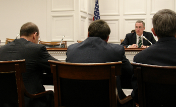 Congressman Murphy listens to the testimony of U.S. Steel CEO John Surma during a hearing by the Congressional Steel Caucus on the steel industry's priorities.