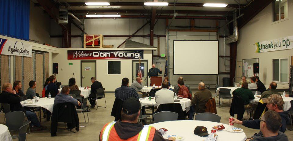 Photo: Congressman Young speaking at the Fairbanks Pipeline Training Center about the need to cut regulations and create jobs.