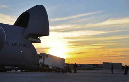 Hurricane-relief equipment unloaded at JB MDL