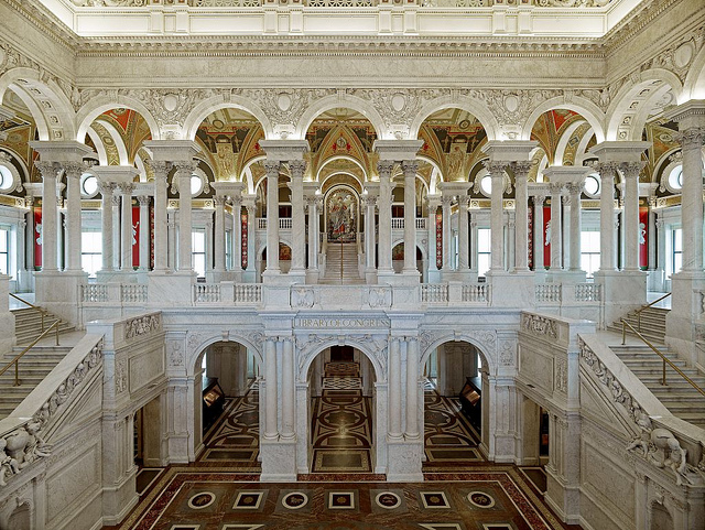 [Great Hall. View of first and second floors, with Minerva mosaic in background. Library of Congress Thomas Jefferson Building, Washington, D.C.] (LOC)