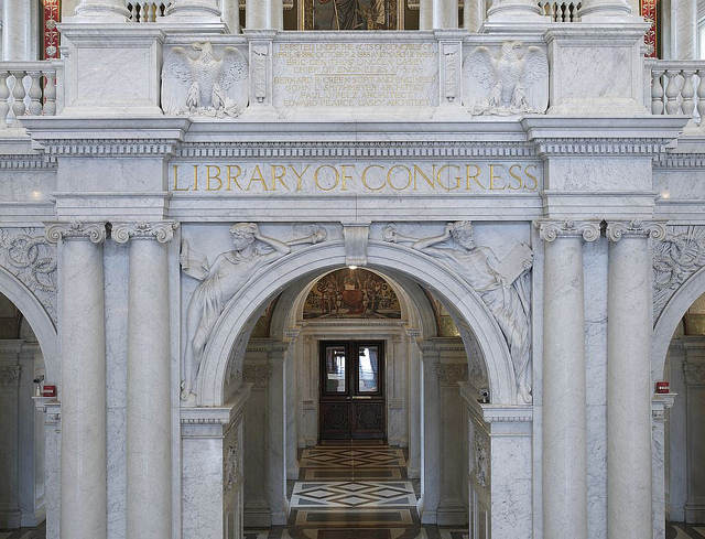 [Great Hall. Spandrels displaying Olin L. Warner's The Students in the Commemorative Arch. Library of Congress Thomas Jefferson Building, Washington, D.C.] (LOC)