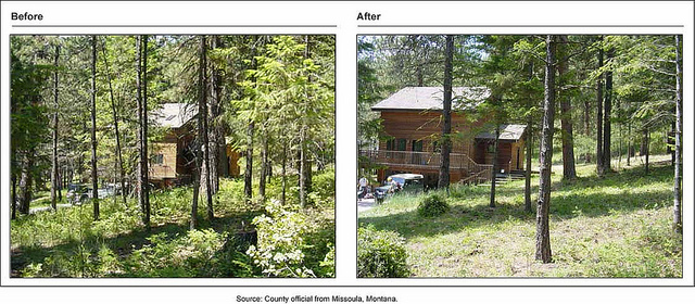 Figure 2: A Private Home in Montana Before and After Wildland Fire Mitigation Work Was Completed Using Title III Funds