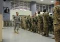 Eagle 6 speaks to Bastogne Brigade's ADVON before they board their airplane for Afghanistan