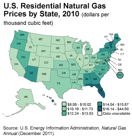 A map of the United States showing, by different colors, the residential natural gas prices by State for 2008. 