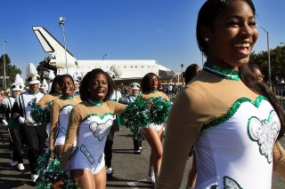 Photo: Photo: Irfan Khan / Los Angeles Times

The Inglewood High School marching band performs during the space shuttle Endeavour's stop at the Forum.