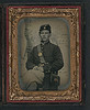 [Unidentified young soldier in Union uniform and Company D forage cap with handgun and cartridge box in front of painted backdrop showing military camp] (LOC) by The Library of Congress