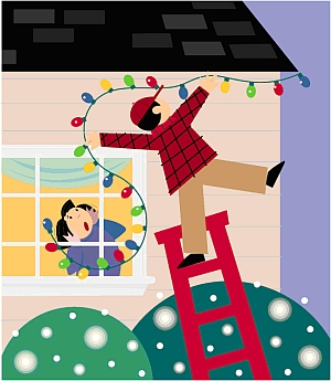 Man falling from ladder hanging decorations on a house