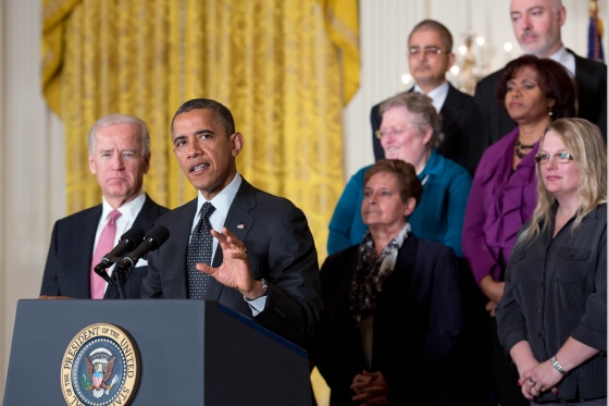 President Obama, with Vice President Biden, delivers a statement to the press on the economy (November 9, 2012)