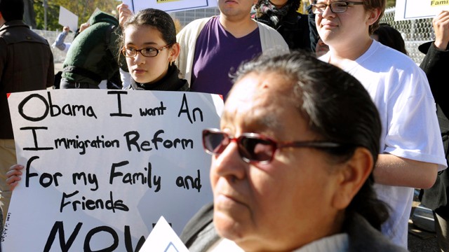 PHOTO: Diana Saravia, 10, of Beltsville, Md., left, demonstrates along with members of immigration rights organizations in front of the White House as they call on President Barack Obama to fulfill his promise of passing comprehensive immigration reform.