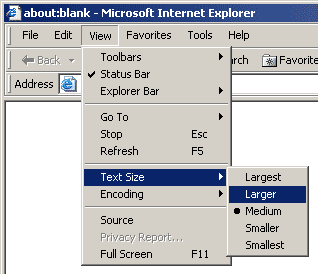 font size can be changed using your browser's menus - in Internet Explorer this can be found in the following menu: View > Text size
