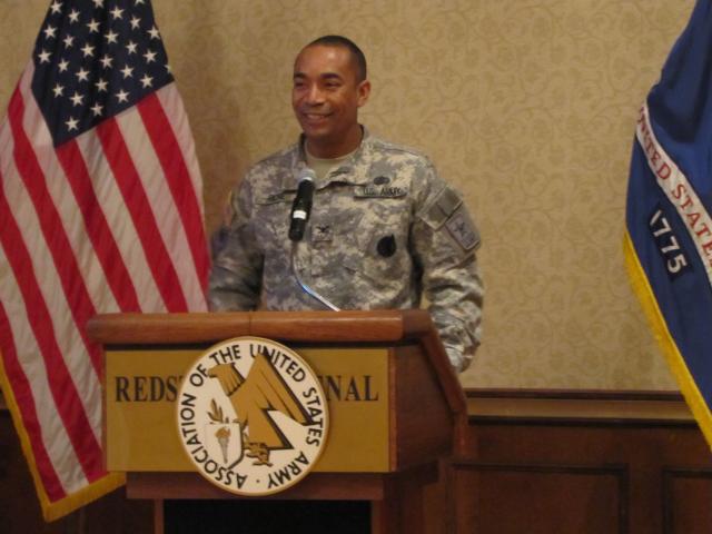 Col. Glenn Richie, commander of the 2nd Recruiting Brigade, talks to members of the Tennessee Valley chapter of the Association of the U.S. Army about consistently surpassing recruiting records in the brigade's Southeastern territory. He spoke at the AUSA Bosses' Breakfast on Feb. 17 at the Officers and Civilians Club.