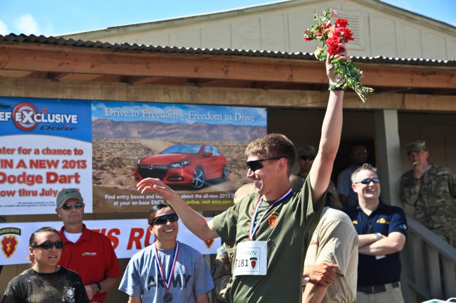 Capt. Phil Sakala, a fire support officer with the 1st Battalion (Airborne), 501st Infantry, Task Force Blue Geronimo, took first place in the 7th Annual Pat Tillman Run at Forward Operating Base Salerno, Afghanistan, April 20, 2012. Sakala came in first over all participants with a run time of 22:03.