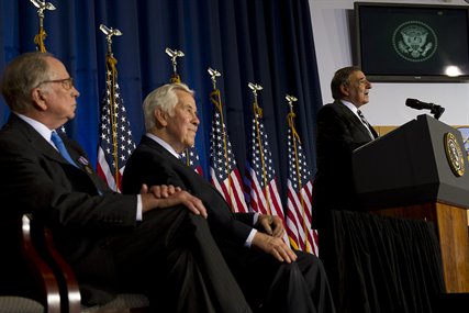 Defense Secretary Leon E. Panetta speaks at the Nunn-Lugar Cooperative Threat Reduction Symposium at National Defense University, Washington, D.C., on Dec. 3, 2012 where he honored former U.S. Sen. Sam Nunn, left, and Sen. Dick Lugar, of Indiana.