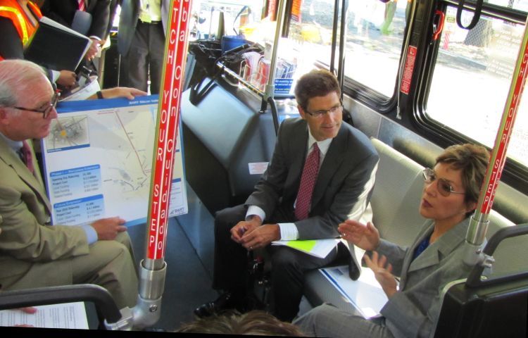 Santa Clara VTA General Manager Michael Burns and Silicon Valley Leadership Group CEO Carl Guardino brief Senator Boxer about the BART Silicon Valley extension.