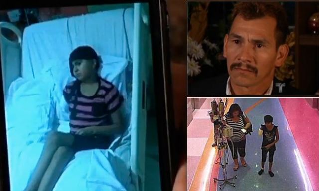 Concern: Luis Bracamontes (right) father of 11-year-old Emily (main) shows a picture of her in a hospital bed in Mexico this week after her mother removed her from a Phoenix hospital (below)