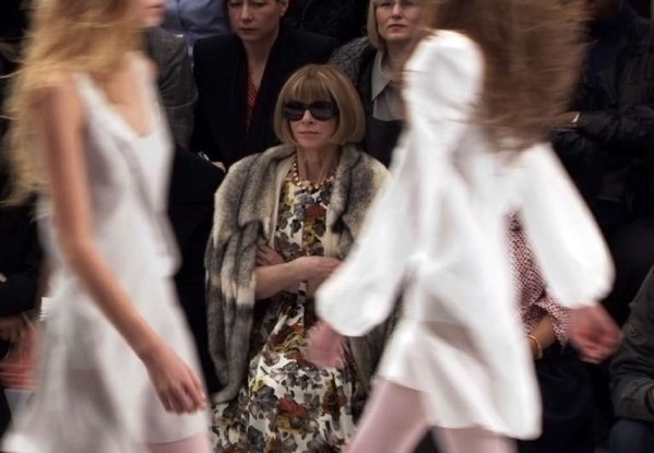 Anna Wintour, editor of Vogue, in her customary front-row seat at a fashion show -- as seen in a clip from the documentary "The September Issue."