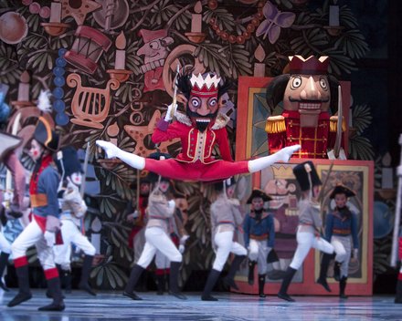 Pacific Northwest Ballet corps de ballet dancer Andrew Bartee as the Nutcracker in the fight scene from PNB's Stowell/Sendak Nutcracker. (ANGELA STIRLING/Courtesy of Pacific Northwest Ballet)