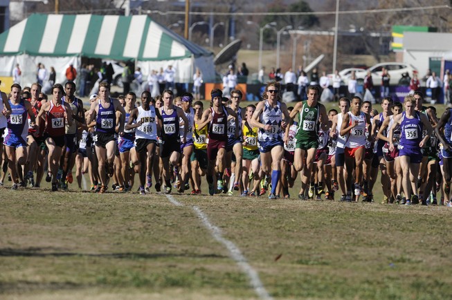 17 NOV 2012: And the men's field moves down the course as they start in the Division II Men's Cross Country Championship held at the Missouri Southern Cross Country Course in Joplin, MO.  Tom Ewart/ NCAA Photos