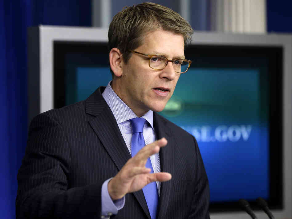 White House spokesman Jay Carney briefs reporters Thursday at the White House. "This administration does not believe the 14th Amendment gives the president the power to ignore the debt ceiling — period," he said.