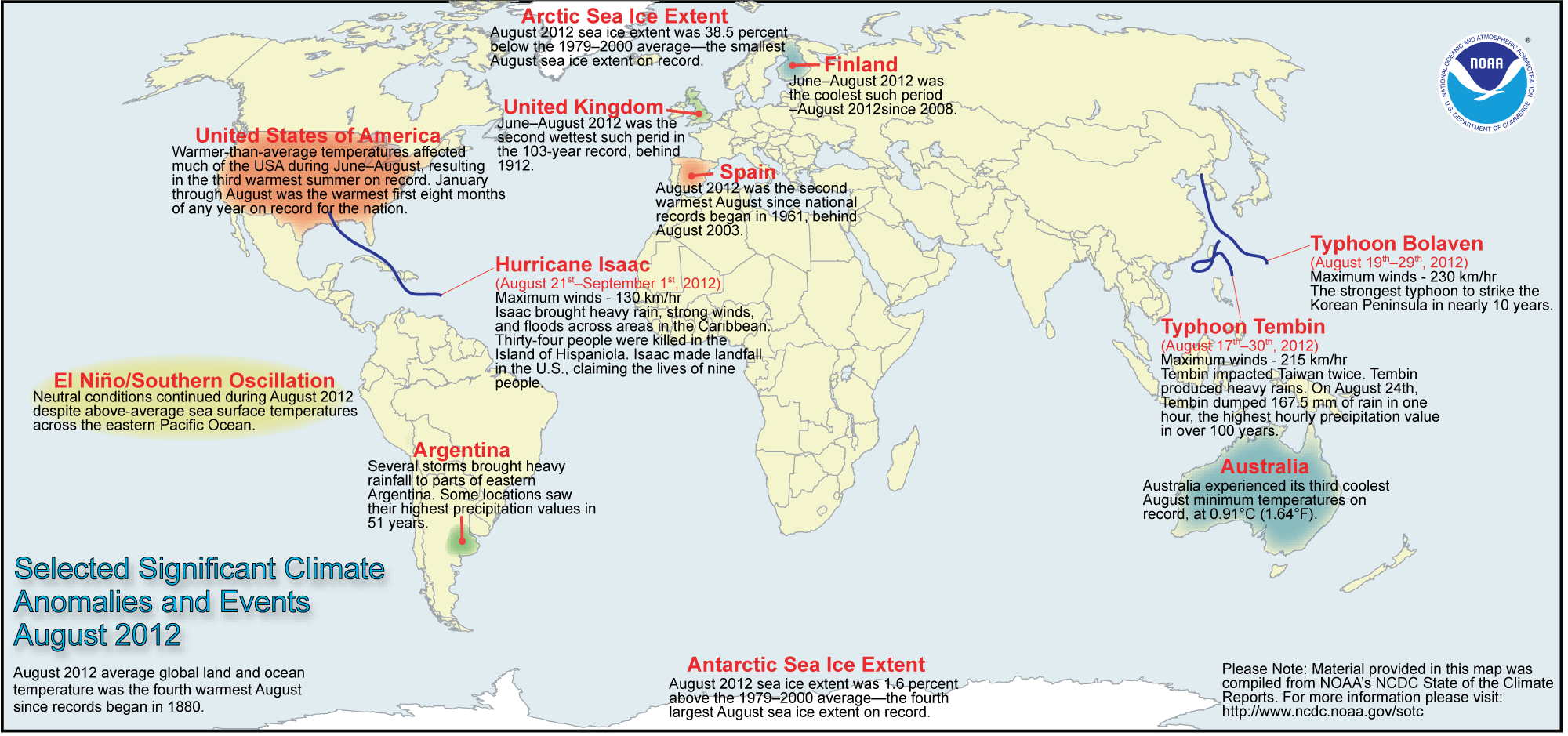 August 2012 Selected Climate Anomalies and Events Map