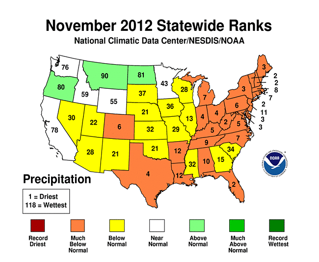 November 2012 Statewide Precipitation Ranks Map