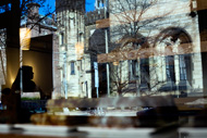 Patrons sit in the cafe of Atticus Bookstore which overlooks the Yale Campus in New Haven, Connecticut