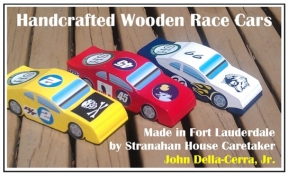 Handcrafted wooden race cars made by John Della-Cerra, Jr., in Fort Lauderdale.