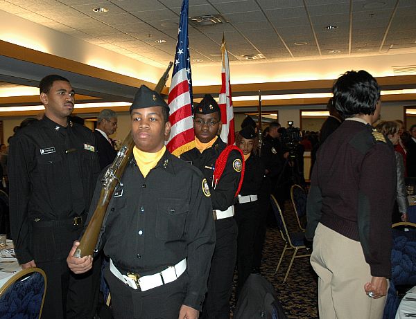 Navy Junior Reserve Officer Training Corps (NJROTC) students from Friendly High School in Fort Washington, Md., serves as the color guard during a Dr. Martin Luther King Jr. birthday luncheon.