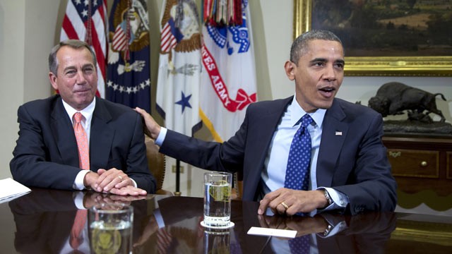 PHOTO: In this Nov. 16, 2012, file photo, President Barack Obama acknowledges House Speaker John Boehner of Ohio while speaking to reporters in the Roosevelt Room of the White House in Washington, D.C.