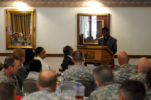 FORT CARSON, Colo. " Guest speaker Arraun Anderson addresses an approximately 250 Soldiers, Family members and friends of the "Mountain Post" about African-American women and their struggles during a Black History Month Observance at the Elkhorn Conference Center on post, Feb. 28, 2012. The 16-year-old spokesman for the National Association for the Advancement of Colored People, Colorado Springs Chapter, reminded the audience of milestones, tragedies and hardships endured by black women in American culture and history.