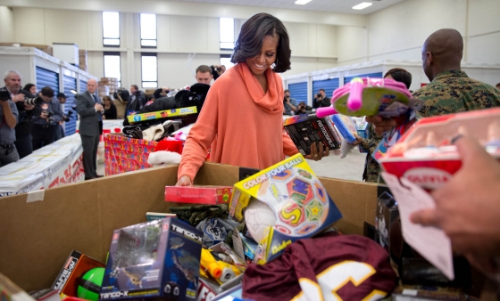 First Lady Michelle Obama helps sort toys at a Toys for Tots event, Dec. 11, 2012.