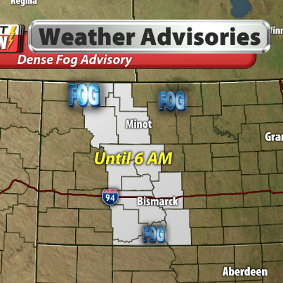 Photo: ... Dense fog advisory in effect until 6 am CST /5 am MST/ Tuesday... 

The National Weather Service in Bismarck has issued a dense fog advisory... which is in effect until 6 am CST /5 am MST/ Tuesday. 

* Visibility... one quarter of a mile or less.

* Impacts... patchy freezing drizzle is also possible which may make roadways slick in spots.