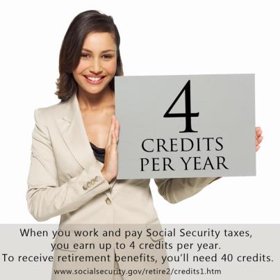 Photo: When you work and pay Social Security taxes, you earn “credits” for each year of work. During your lifetime, you probably will earn more credits than the minimum number of 40 you need to be eligible for retirement benefits. To learn about How Credits Are Earned, visit http://socialsecurity.gov/retire2/credits1.htm