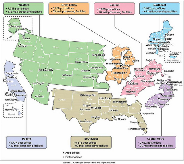 Figure 1: Location of Field Offices and Information on the Number of Post Offices and Mail-Processing Facilities in Each USPS Area