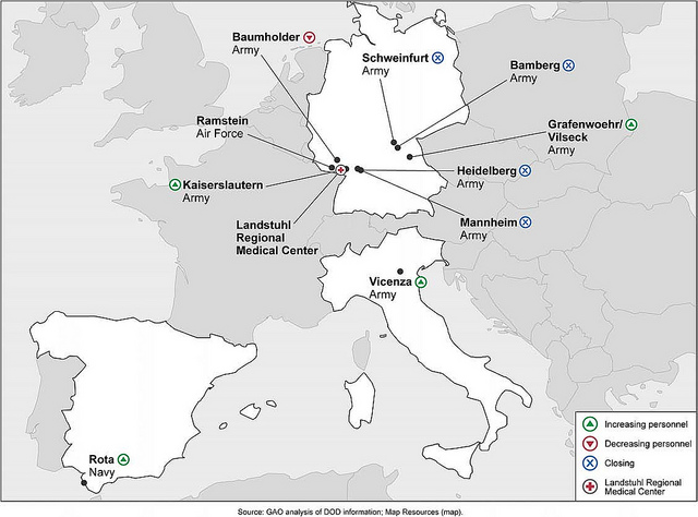 Figure 3: DOD Military Installations in Europe with Expected Posture Changes That May Affect Replacement Medical Center Facility Requirements