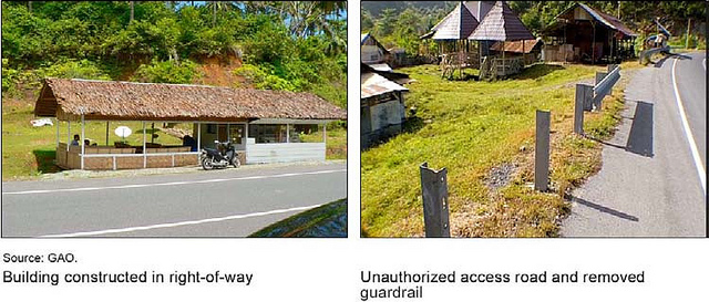 Figure 13: Building Constructed in Right-of-Way (left) and Unauthorized Access Road and Removed Guardrail (right)