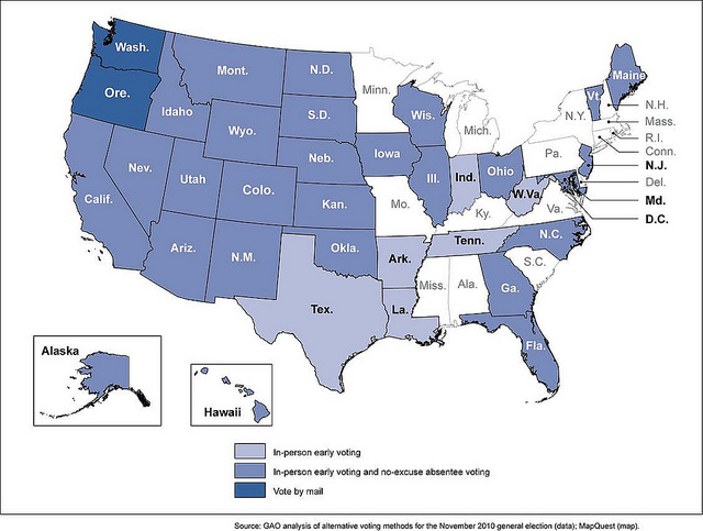 Figure 2: Thirty-Five States and the District Provided at Least One Alternative to Voting on Tuesday in the November 2010 General Election