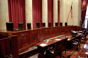 Angle view of the entire Courtroom Bench and attorneys' tables