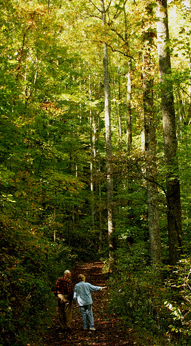 Jim and Joanne Corum walk in the woods on their farm in eastern Kentucky. 