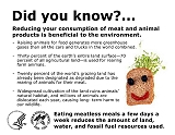 Did you know? Reducing your consumption of meat and animal products is beneficial to the environment. Raising animals for food generates more greenhouse gases than all the cars and trucks in the world combined. Thirty percent of the earth's entire land surface-70 percent of all agricultural land-is used for rearing farm animals. Twenty percent of the world's grazing land has already been designated as degraded due to the rearing of animals for their meat. Widespread cultivation of the land ruins animals' natural habitat, and millions of animals are dislocated each year, causing long- term harm to our wildlife. Eating meatless meals a few days a week reduces the amount of land, water, and fossil fuel resources used.