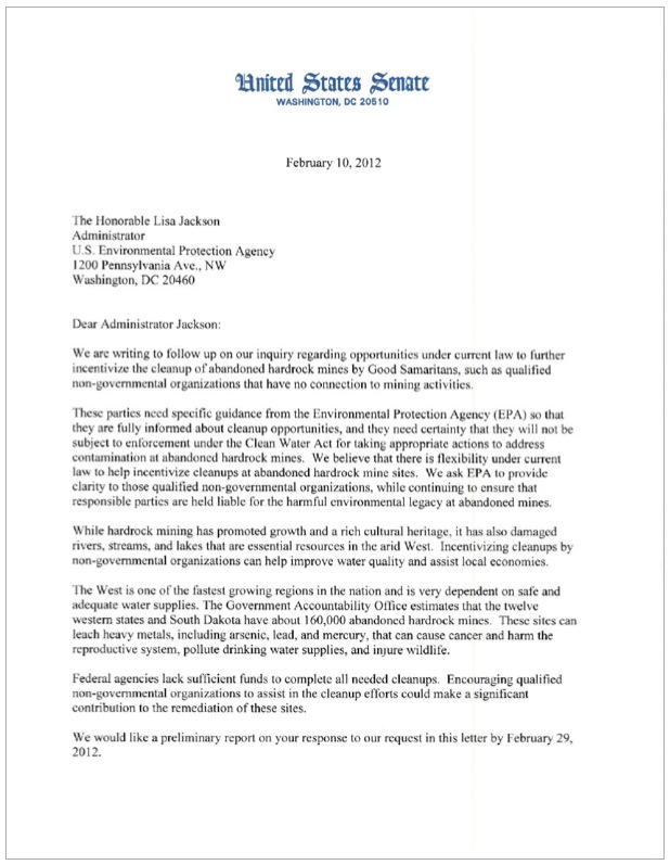 Letter to EPA Administrator Jackson