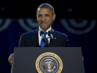 President Barack Obama, accompanied by first last Michelle Obama and daughters Malia and Sasha arrive at the election night party at McCormick Place, Wednesday, Nov. 7, 2012, in Chicago, to proclaim victory in the presidential election. (AP Photo/Carolyn Kaster)