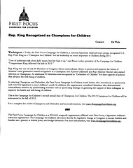 Rep. King Recognized As "Champion for Children"