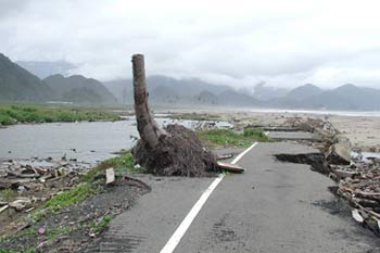 Road in Indonesia damaged by the 2004 Indian Ocean tsunami.