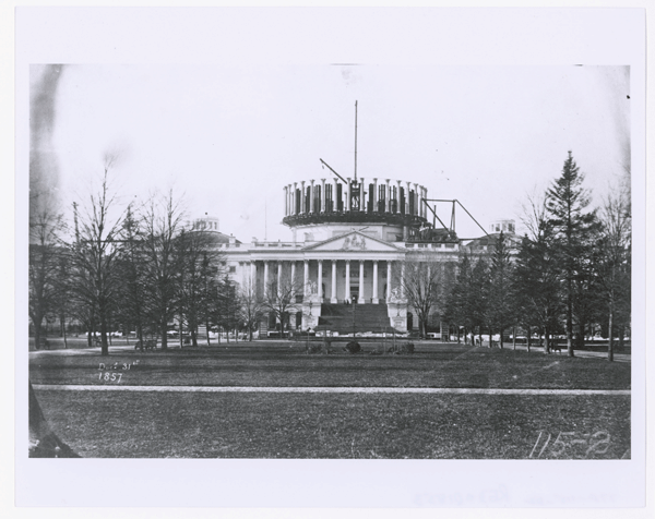 Erecting the Capitol dome
Although President George Washington laid the cornerstone of the U.S. Capitol in 1793, construction of current dome did not begin until 1856. The dome, which replaced an earlier one made of copper and wood, took a decade to complete and cost just over one million dollars to build. This photograph was taken from the east side of the national landmark on December 31, 1857.


Photograph of the Construction on the New U.S. Capitol Dome, 12/31/1857


via DocsTeach